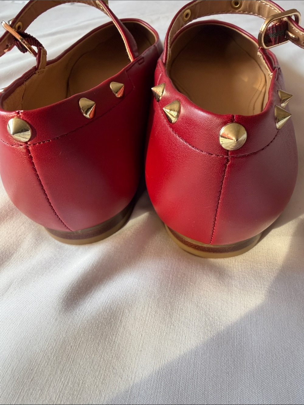 Marc Fisher Red Pointed Leather Flats with Gold Studded Ankle Straps - Picture 5 of 6